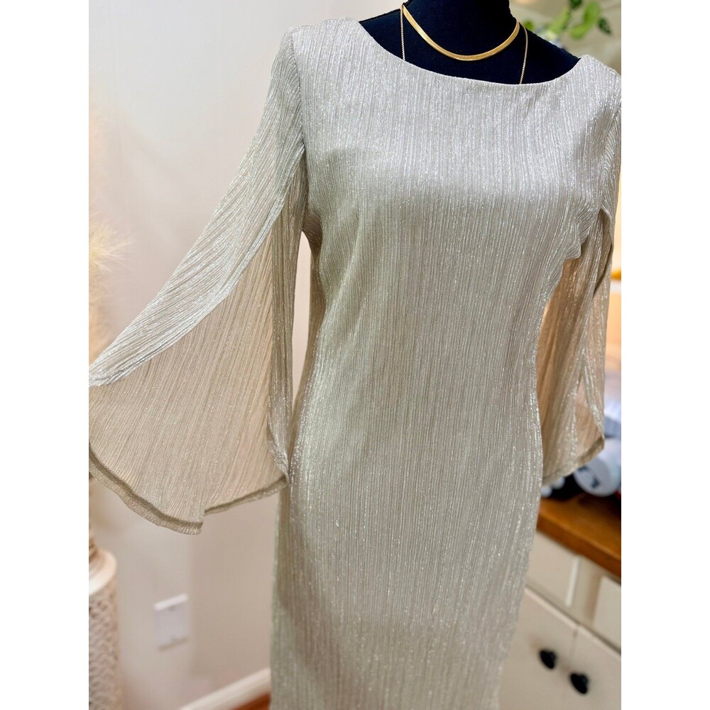 Prelude Size 6 Silver Gold Metallic Bell Sleeve Sparkle Mini Dress